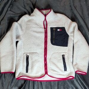 Tommy Hilfiger White Fleece Jacket with Red Trim and Navy Pocket